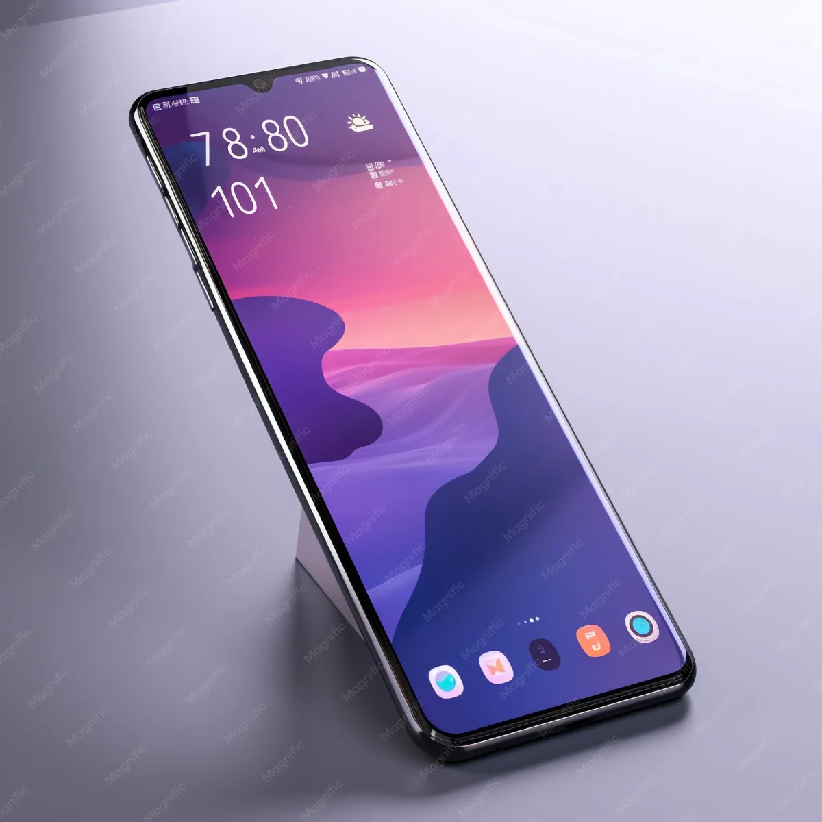 taxa de atualização de telas de celular (60, 120 e 144 Hz): Celular de tela fina e borda escura, apoiado em suporte, com papel de parede roxo e rosa, visto em d
