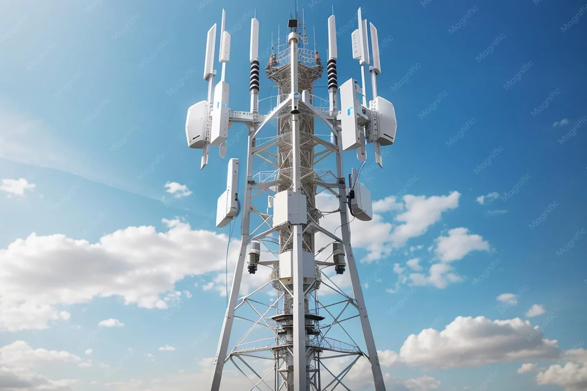 rede 5G no Brasil: Torre de telecomunicações branca com antenas setoriais contra céu azul com nuvens.