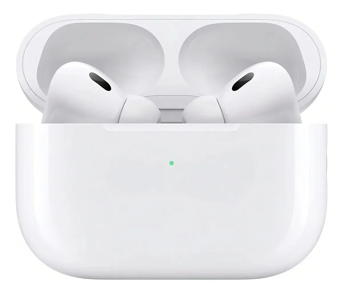 Apple AirPods Pro 2: Fones de ouvido brancos dentro da case aberta, em fundo branco, com luz verde indicadora na frente da case.