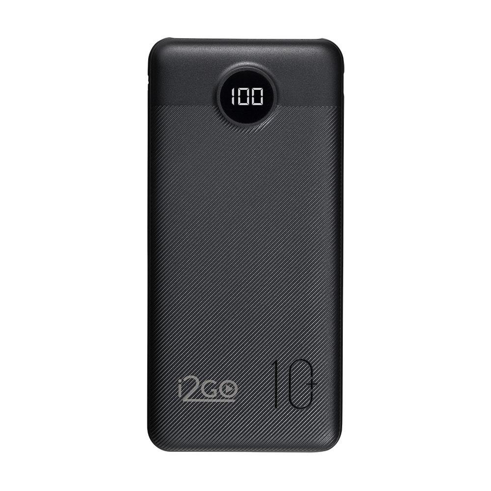 Carregador portátil I2GO PRO de 10.000 mAh preto, visto de frente, com visor digital redondo marcando 100 no topo e o logotipo da I2GO e o número 10 na parte de baixo, sobre fundo branco.