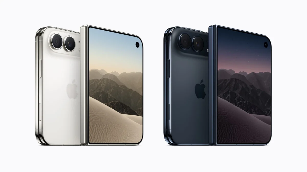 Apple iPhone Duo: Dois aparelhos dobráveis lado a lado, um prateado e um azul-escuro, vistos de trás e de frente, em fundo branco limpo.`