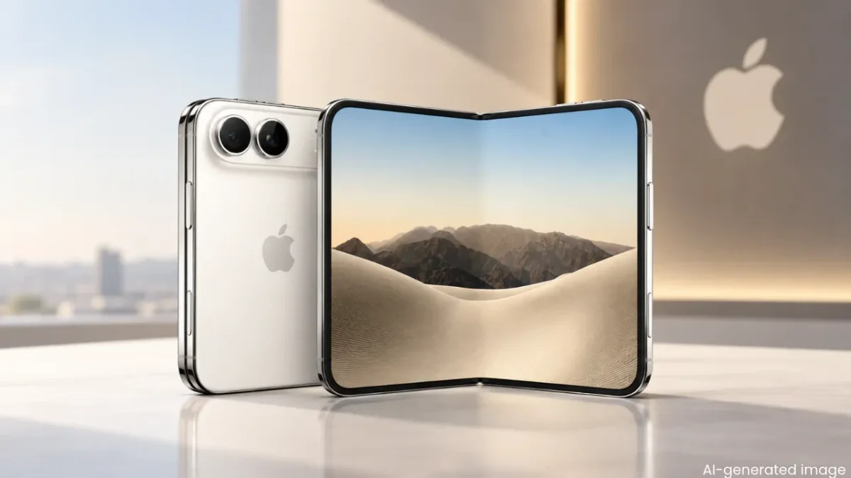 Apple iPhone Duo: Dobrável branco aberto sobre superfície clara com celular ao lado, tela mostrando paisagem de montanhas e dunas.