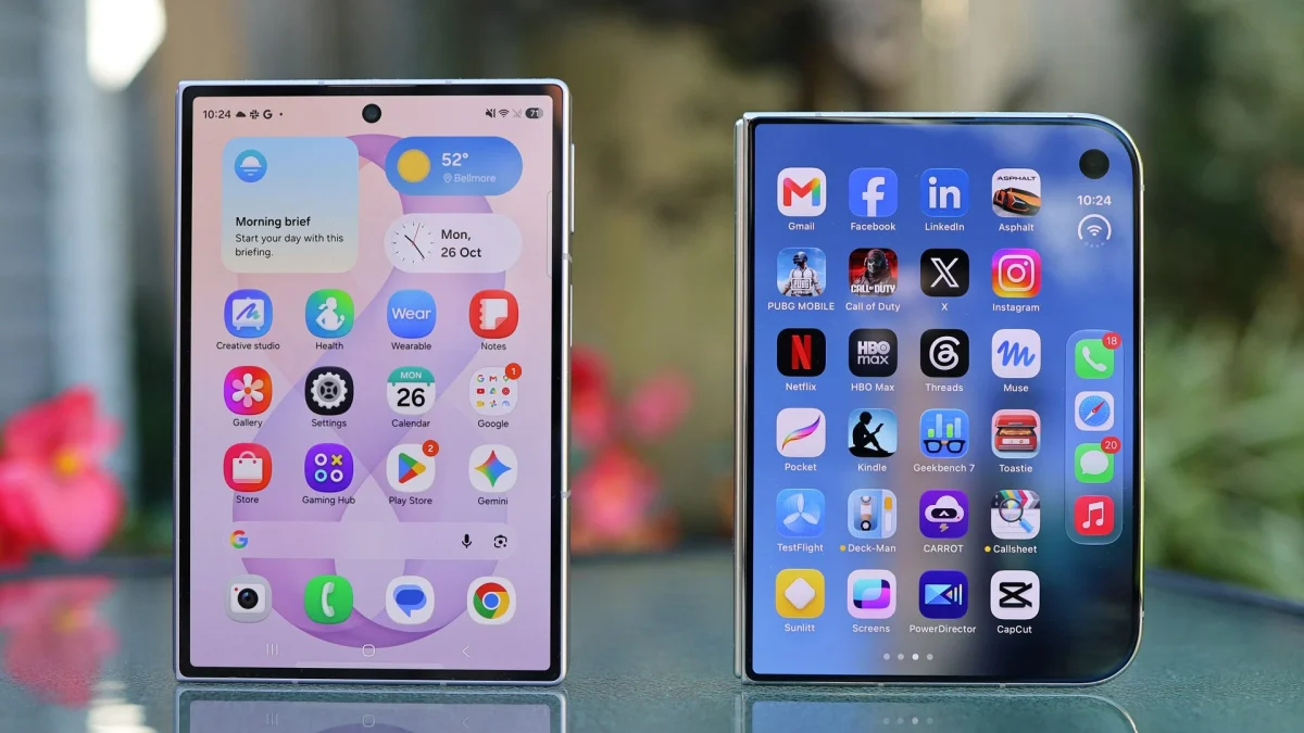 Apple Análise iPhone Duo x Galaxy Z Fold 8 e a prova da dobradiça: Dois celulares lado a lado sobre superfície de vidro, um dobrável aberto na vertical à esquer