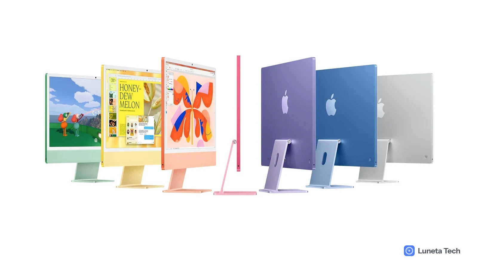 Apple iMac M6: Seis iMac coloridos lado a lado, de frente e de costas, em tons de verde, amarelo, laranja, rosa, roxo, azul e prata.