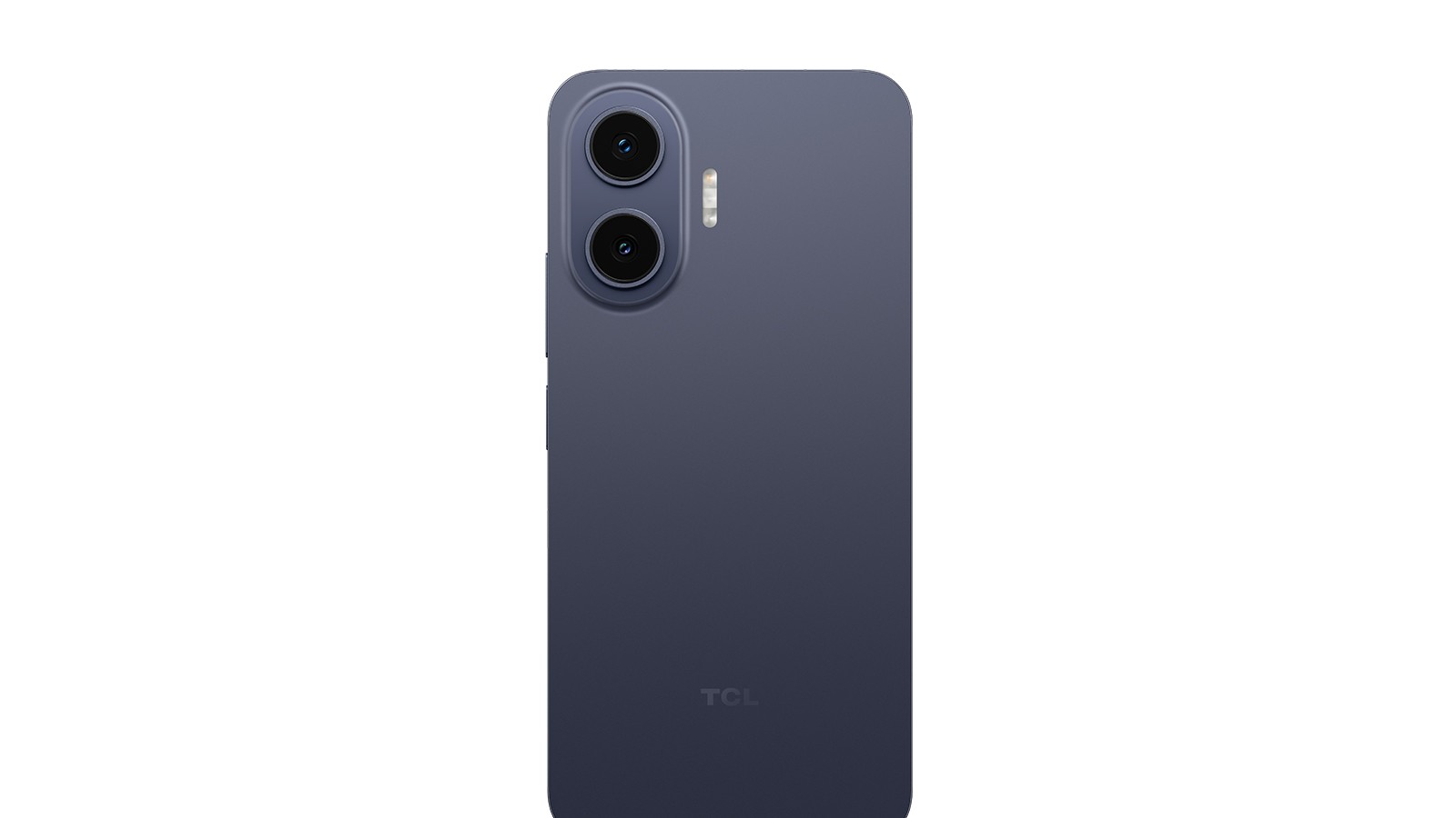 Traseira do celular TCL P80 na cor azul-escura (Midnight Blue), com duas câmeras empilhadas no canto superior esquerdo, em fundo branco.