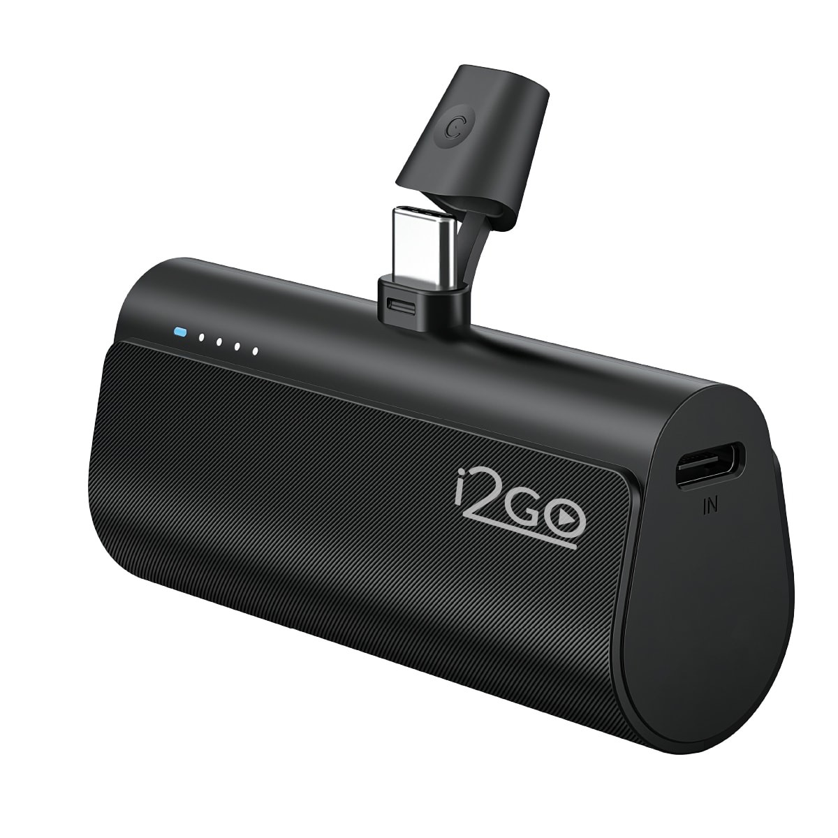 Carregador portátil I2GO Pocket preto, pequeno e cilíndrico, com conector USB-C articulado no topo, luzes indicadoras de carga e logotipo da I2GO, sobre fundo branco.