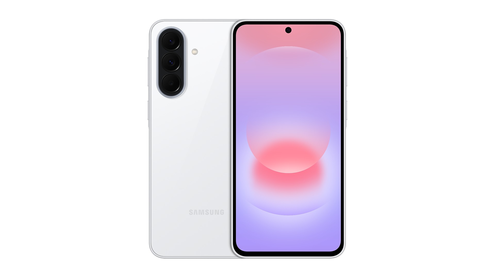 Galaxy A37 5G na cor branca, visto de costas, com três câmeras na vertical, e de frente, com a tela ligada mostrando um papel de parede rosa e lilás, sobre fundo branco.