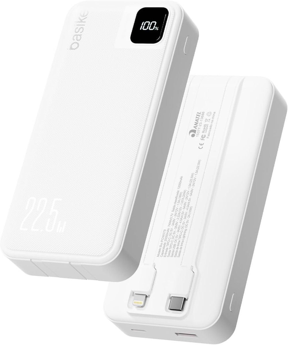 Dois carregadores portáteis Basike brancos de 20.000 mAh, um de frente com visor digital e outro de costas mostrando os cabos embutidos, sobre fundo branco.