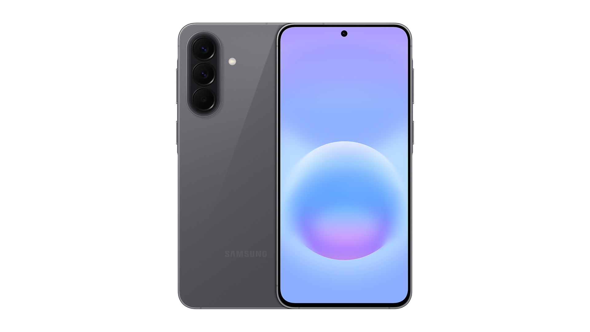 Galaxy A57 5G na cor cinza, visto de costas, com três câmeras na vertical, e de frente, com a tela ligada mostrando um papel de parede azul e lilás, sobre fundo branco.