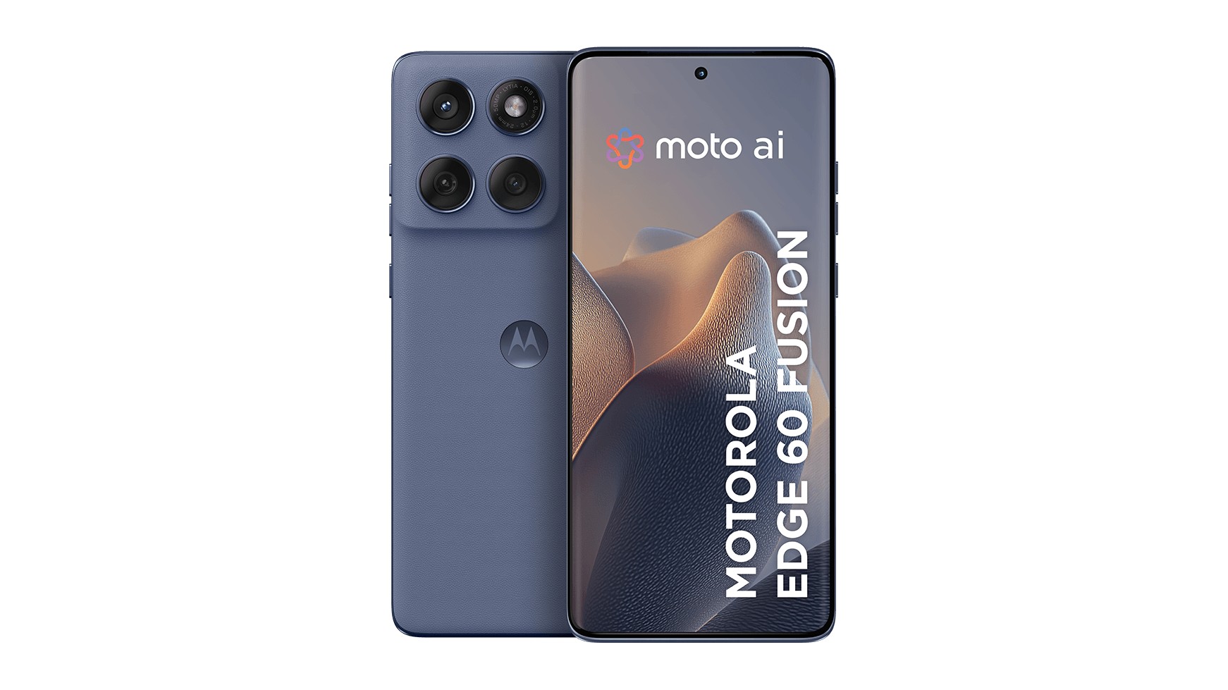 Motorola Edge 60 Fusion na cor cinza-azulada, visto de costas, com quatro círculos de câmera, e de frente, com a tela mostrando "moto ai" e o nome do modelo, sobre fundo branco.