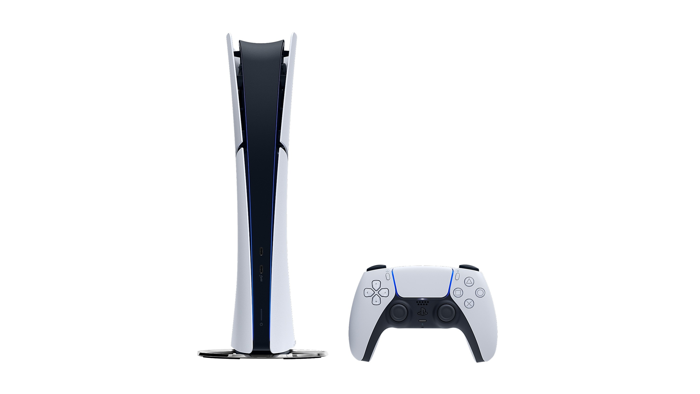 Console PlayStation 5 Slim Edição Digital, branco e preto e sem leitor de disco, em pé sobre a base, ao lado de um controle DualSense branco, em fundo branco.
