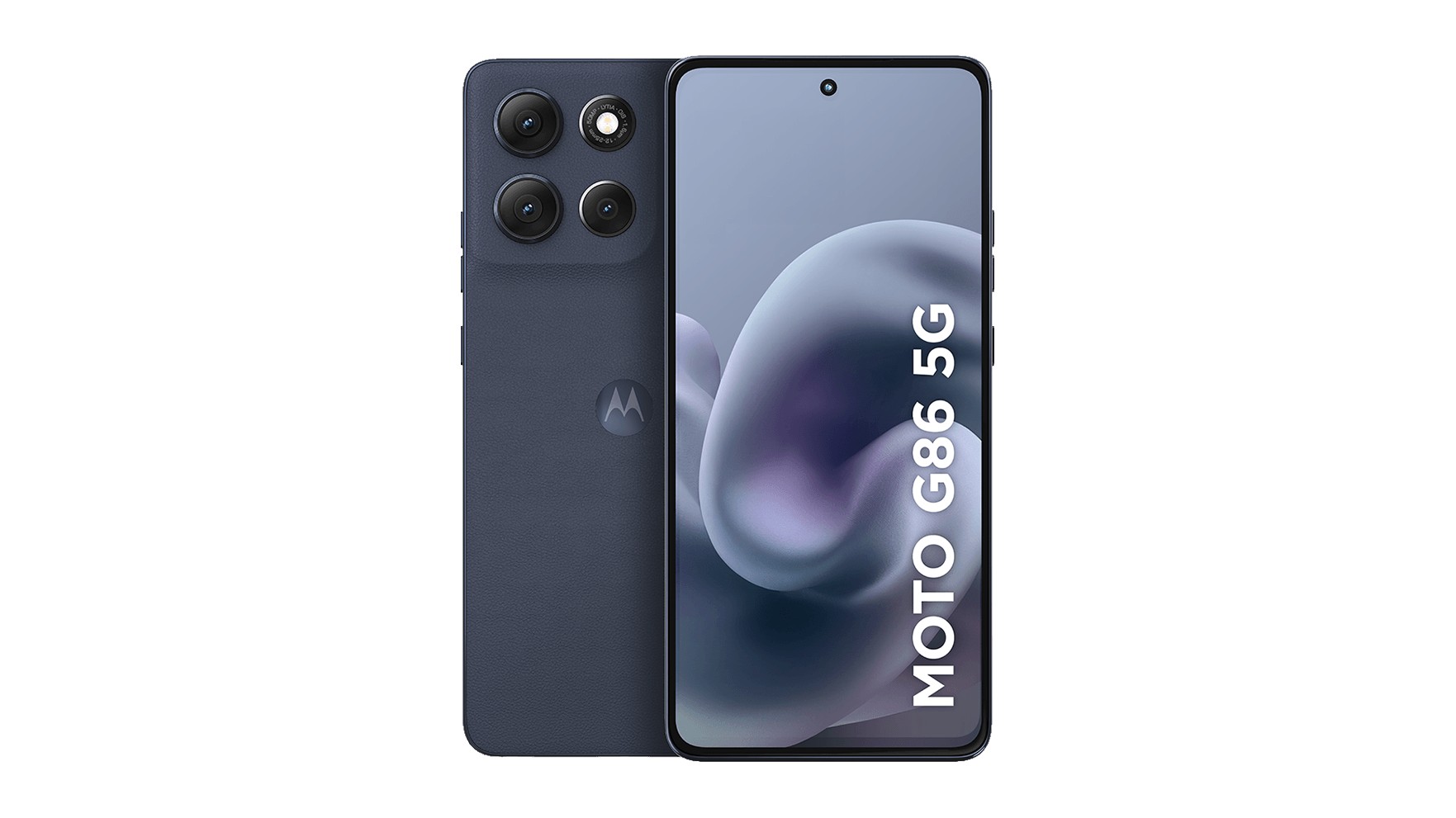 Moto G86 5G na cor grafite, visto de costas, com o módulo de quatro círculos de câmera, e de frente, com a tela mostrando o nome do modelo, sobre fundo branco.