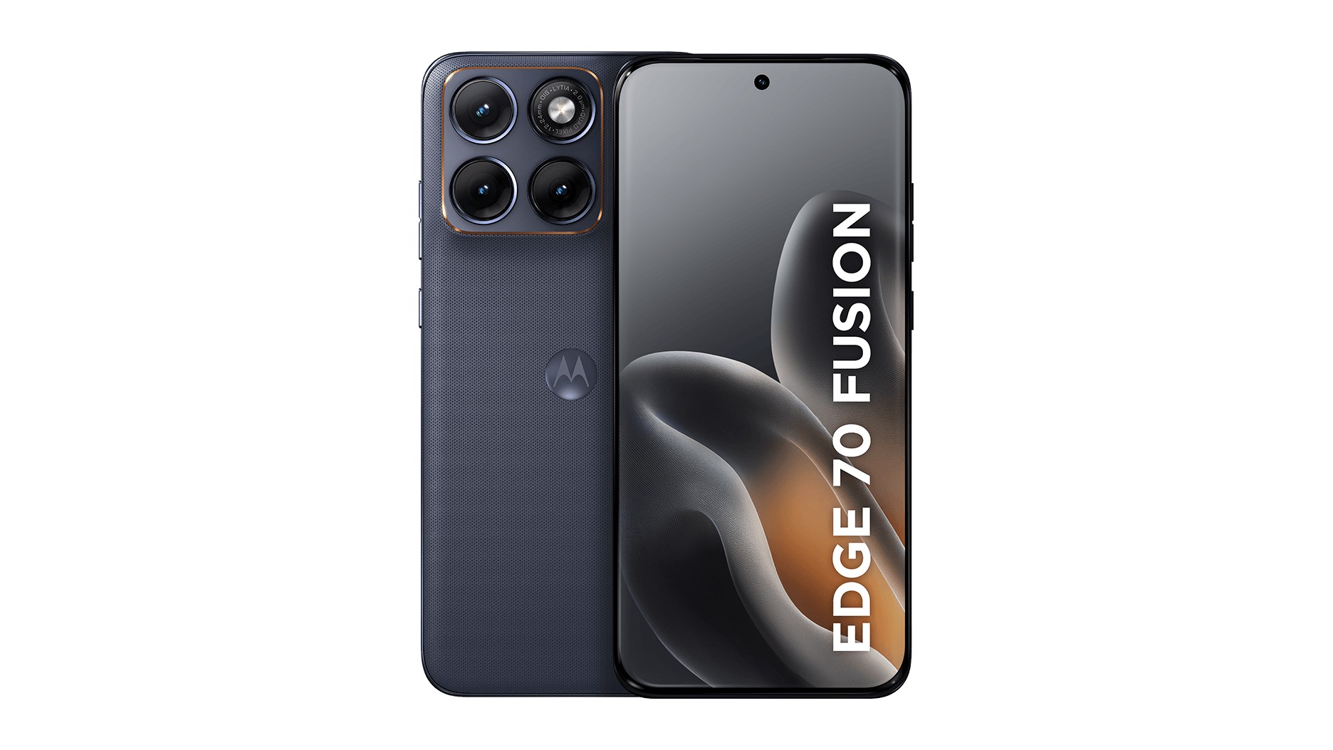 Motorola Edge 70 Fusion na cor grafite, visto de costas, com o módulo de câmeras de detalhes acobreados, e de frente, com a tela mostrando o nome do modelo, sobre fundo branco.