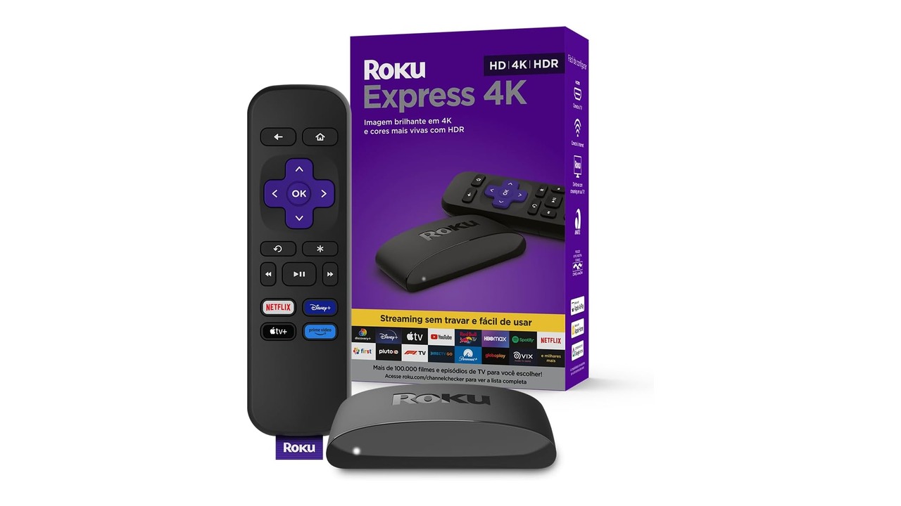 Roku Express 4K com controle remoto e cabo HDMI