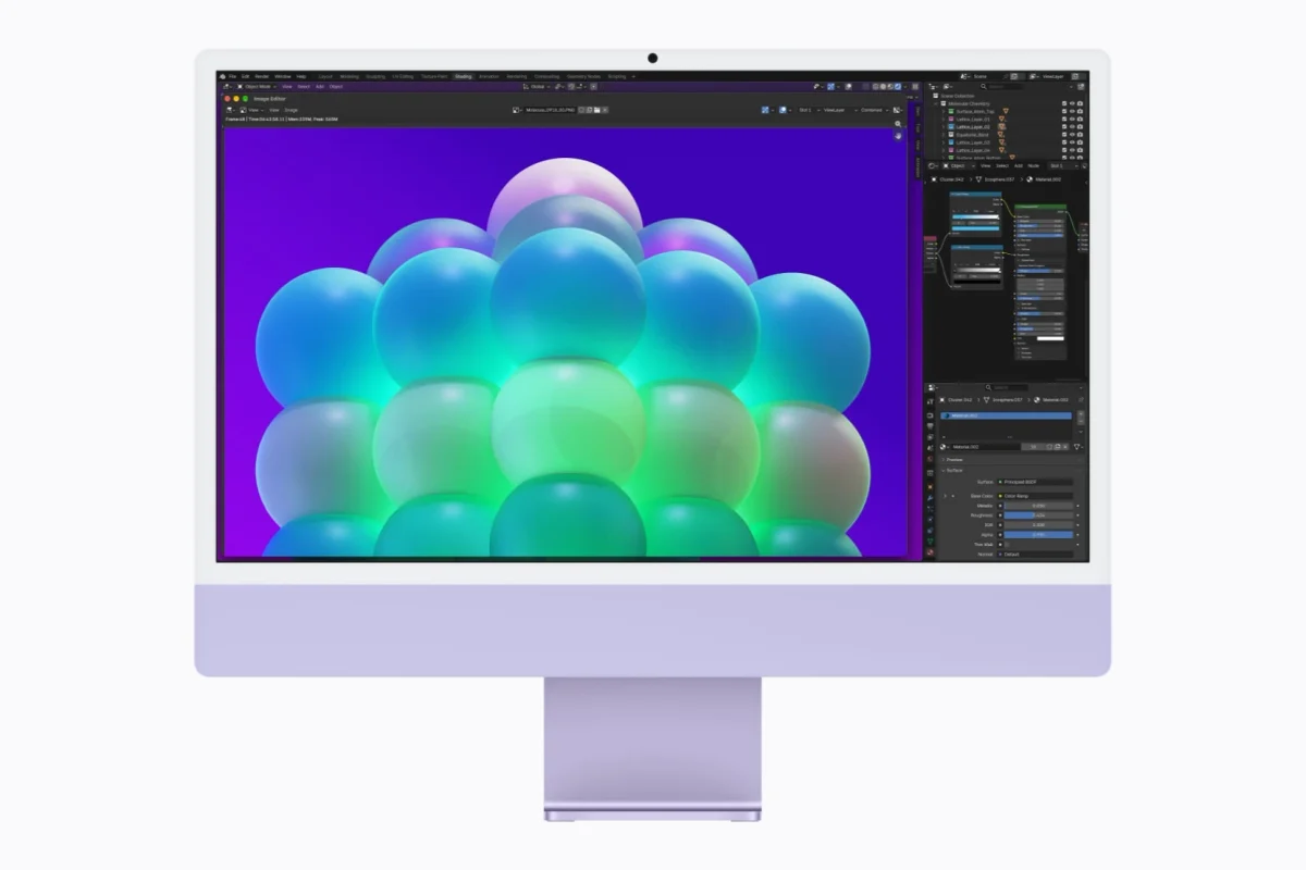 Apple iMac M6: iMac roxo de frente, com tela mostrando esferas coloridas e interface de edição de imagem em fundo branco