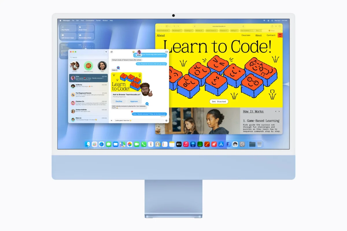 Apple iMac M6: iMac azul de frente com janelas de mensagens e um site com a chamada Learn to Code na tela.