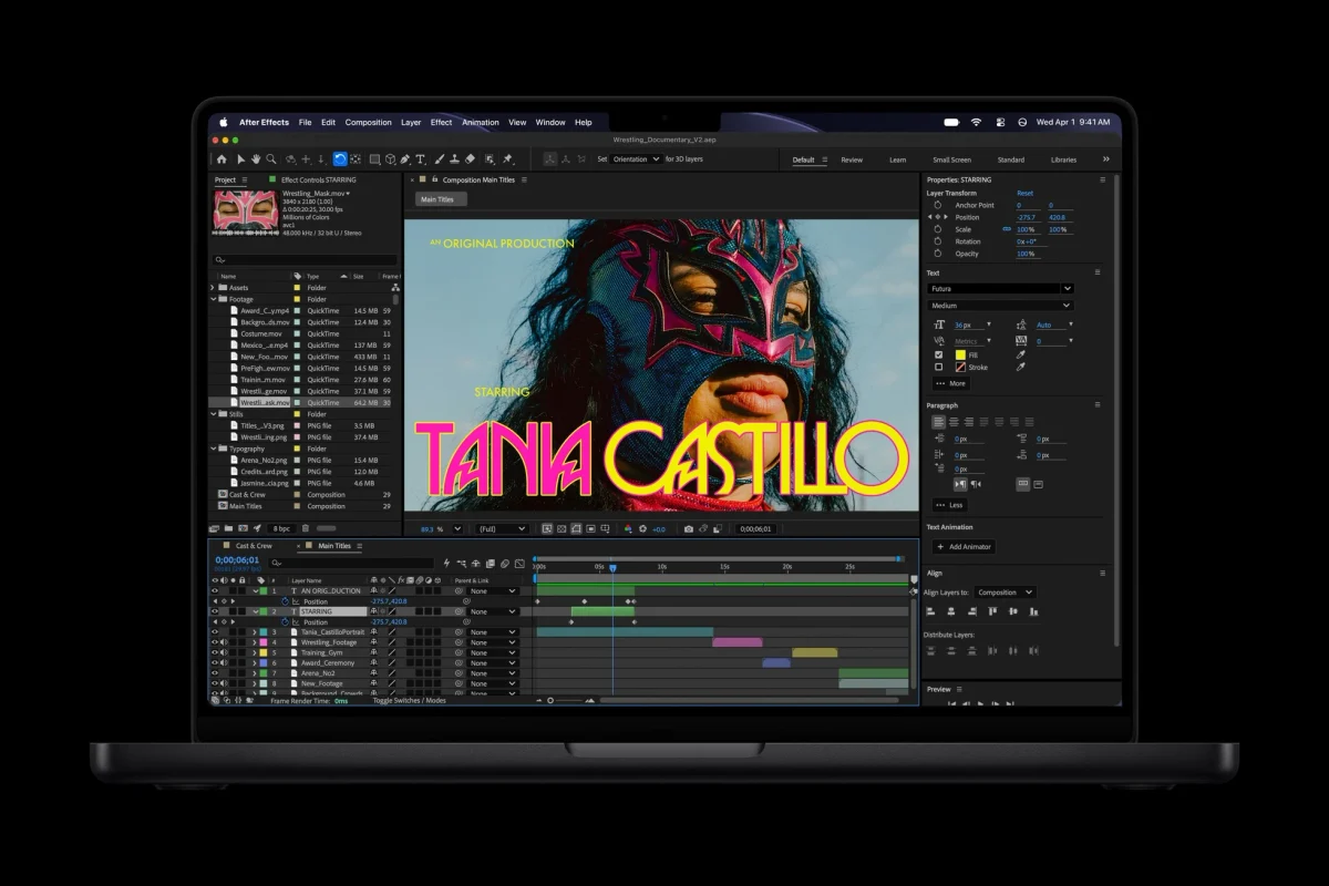 Apple MacBook Pro 14: Notebook de frente com tela mostrando o software After Effects com a imagem de uma mulher com máscara de luta