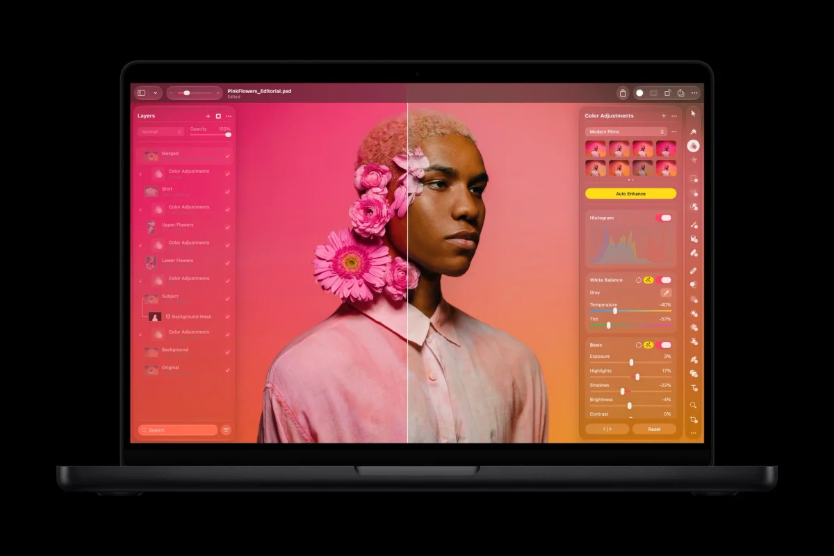 Apple MacBook Pro 14: Notebook de frente com tela de edição de fotos mostrando um retrato com flores cor-de-rosa sobre fundo rosa