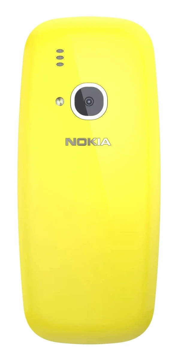 Nokia 3310: Celular amarelo visto pela parte de trás, com câmera circular, flash e a marca Nokia no centro da carcaça.