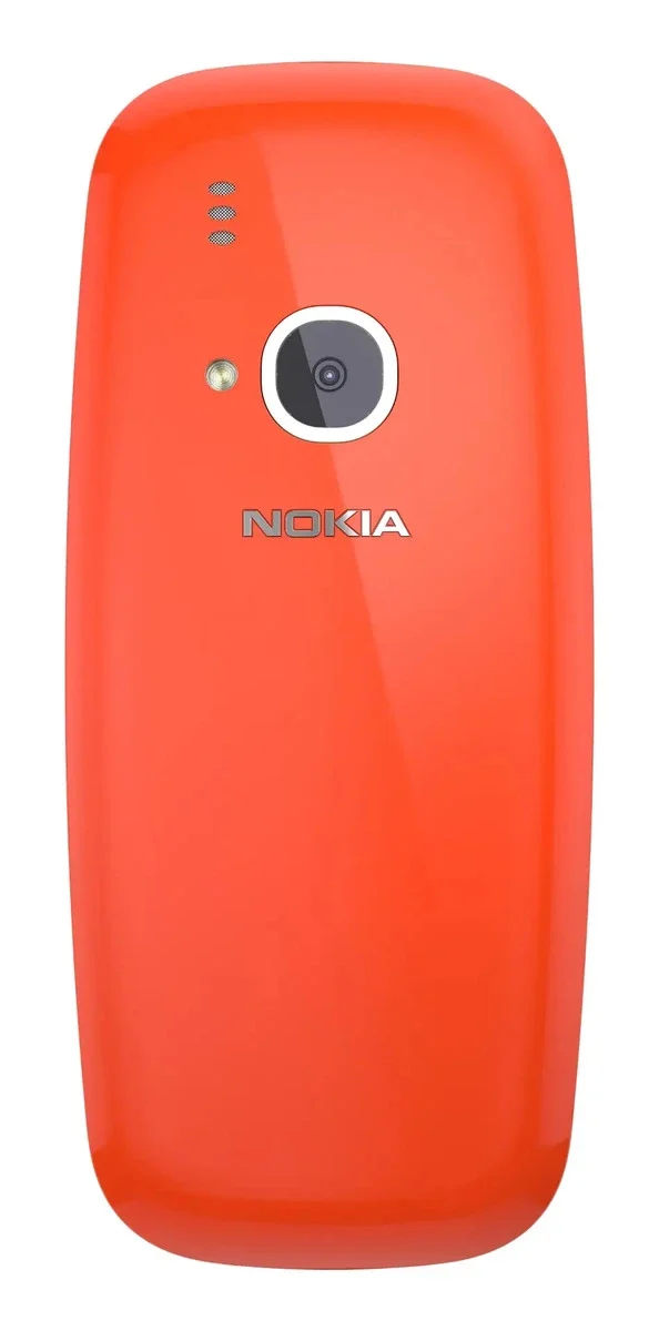 Nokia 3310: Celular laranja visto pela parte de trás, com câmera circular, flash e a marca Nokia no centro da carcaça.